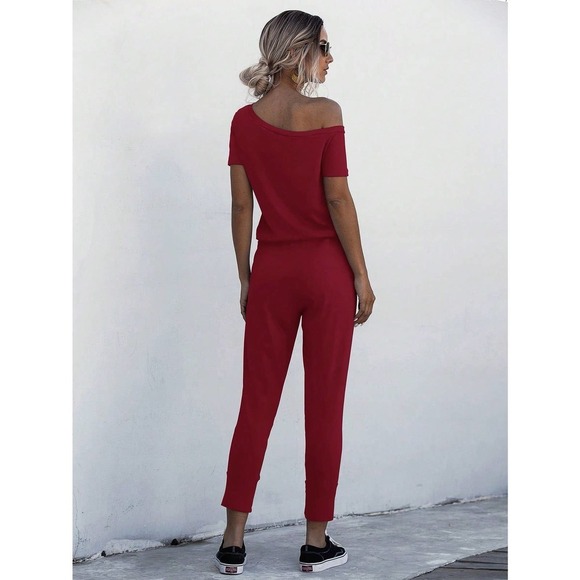 minimalist Asymmetrical Neck Drawstring Waist Slant Pocket Tee Jumpsuit - Picture 7 of 11